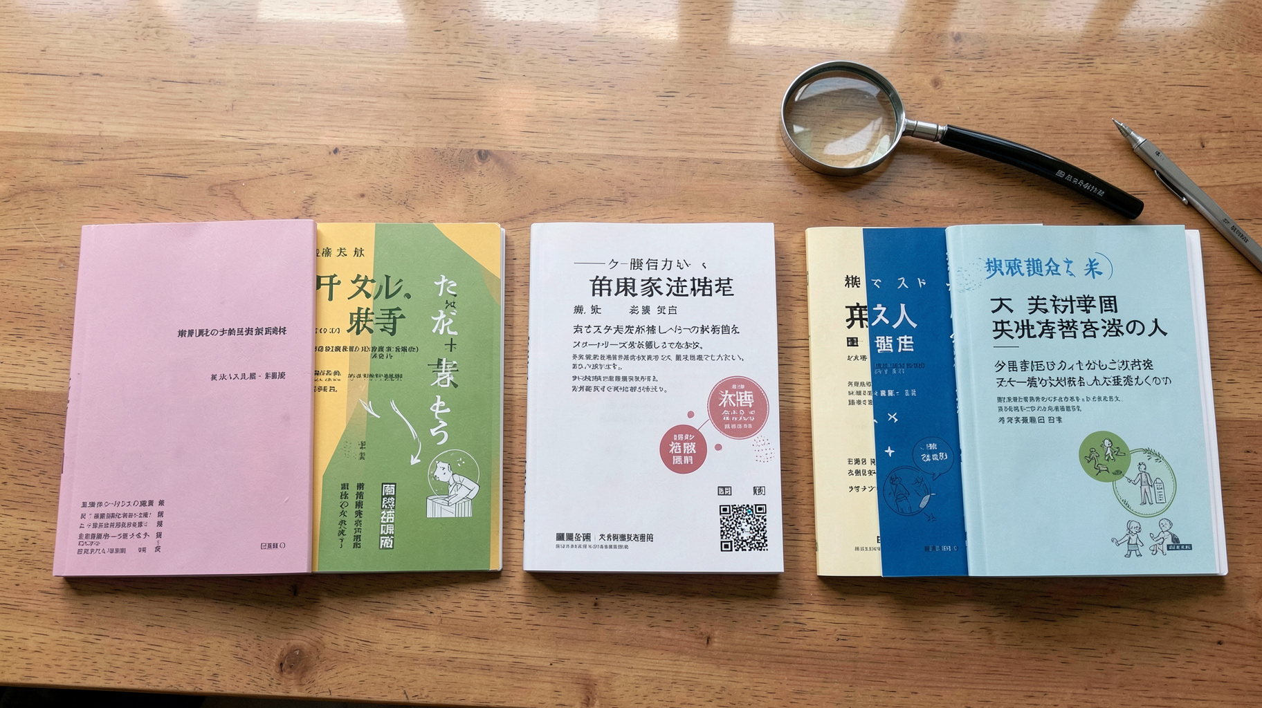 複数の資格講座のテキストやパンフレットを机の上に並べて見比べるイメージ