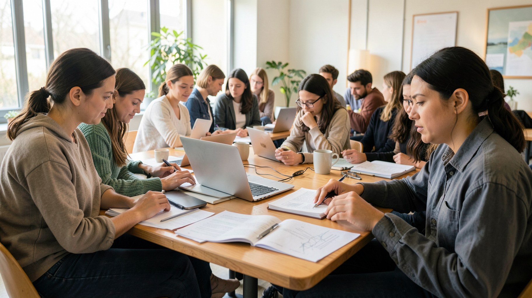 明るい自習スペースでノートパソコンとテキストを使って学習する社会人たち