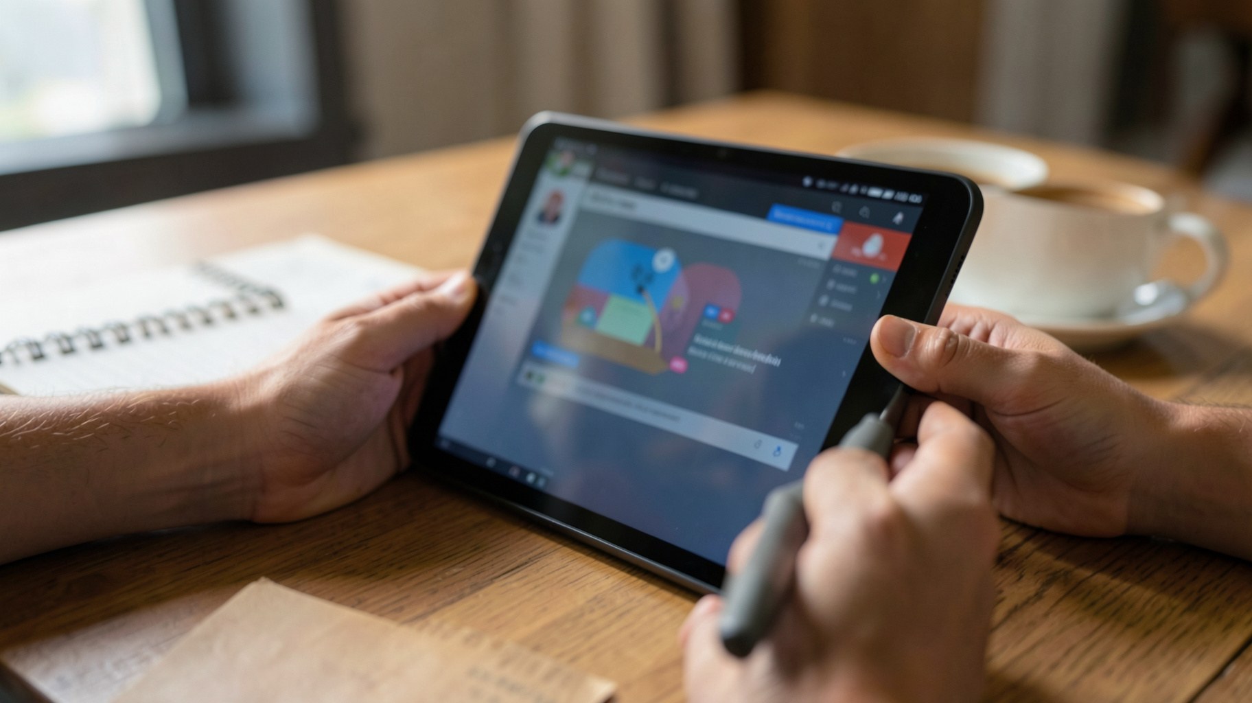 タブレットでオンライン講義の画面を見ながらノートを取る手元とコーヒーカップ