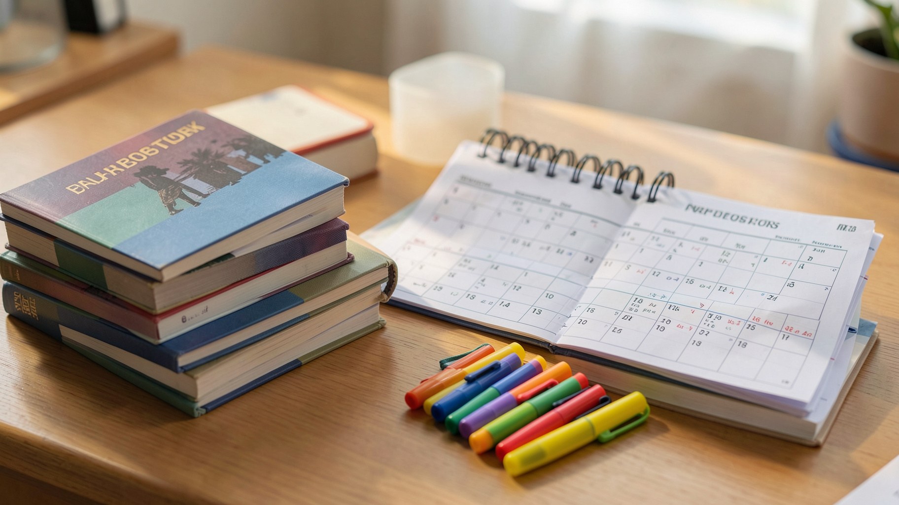 資格試験対策のテキストと色付き付箋、学習計画を書き込んだ手帳
