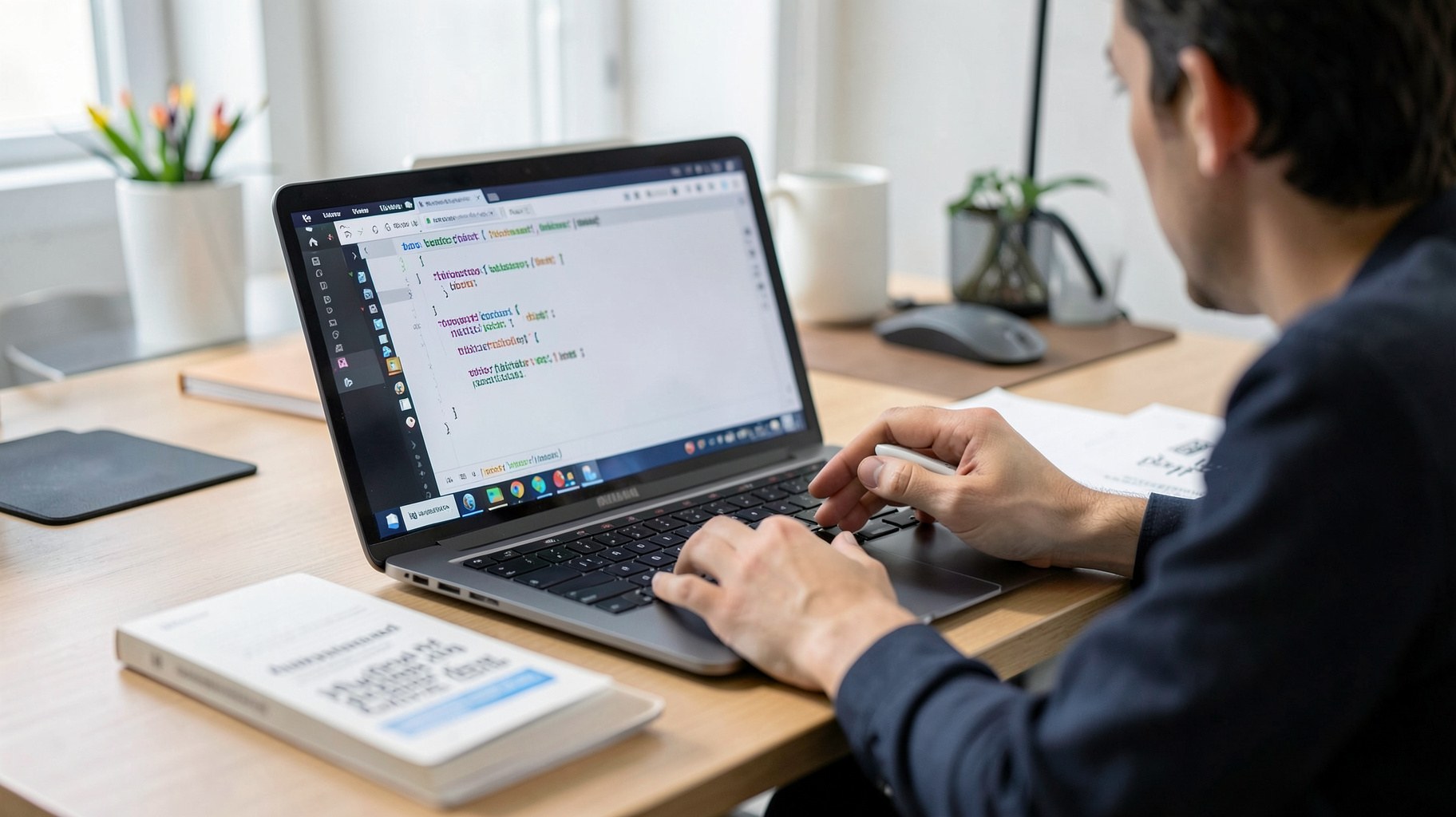ノートパソコンでコードエディタと技術資料を開き学習するプログラマーの手元
